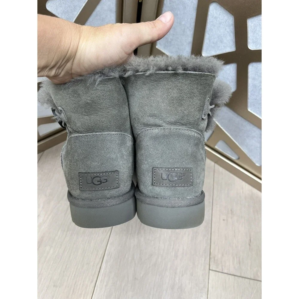 Ugg Mini Short Bailey Button II Flat Boot Gray Wool Fur Suede Leather 9 - Picture 5 of 10